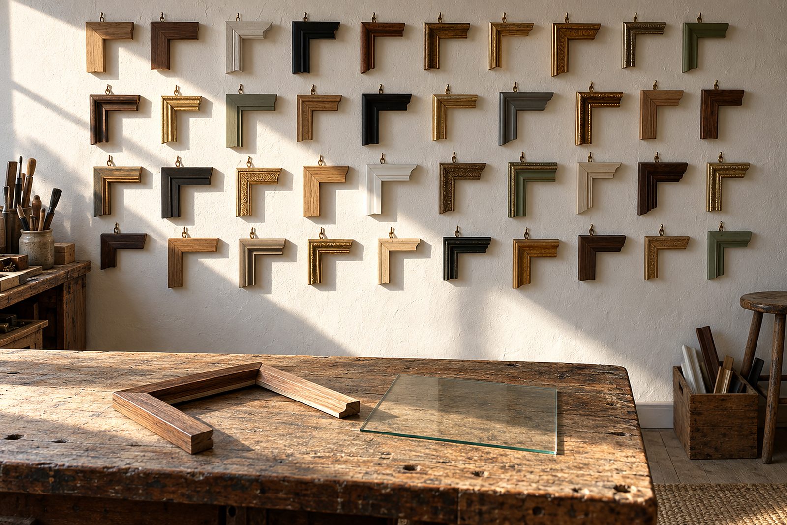 Musterecken von Bilderleisten in Eiche, Nussbaum, Schwarz, Gold und Salbeigrün hängen an einer weißen Wand, davor auf dem Tresen ein Rahmen und eine Glasscheibe (KI-Illustration)