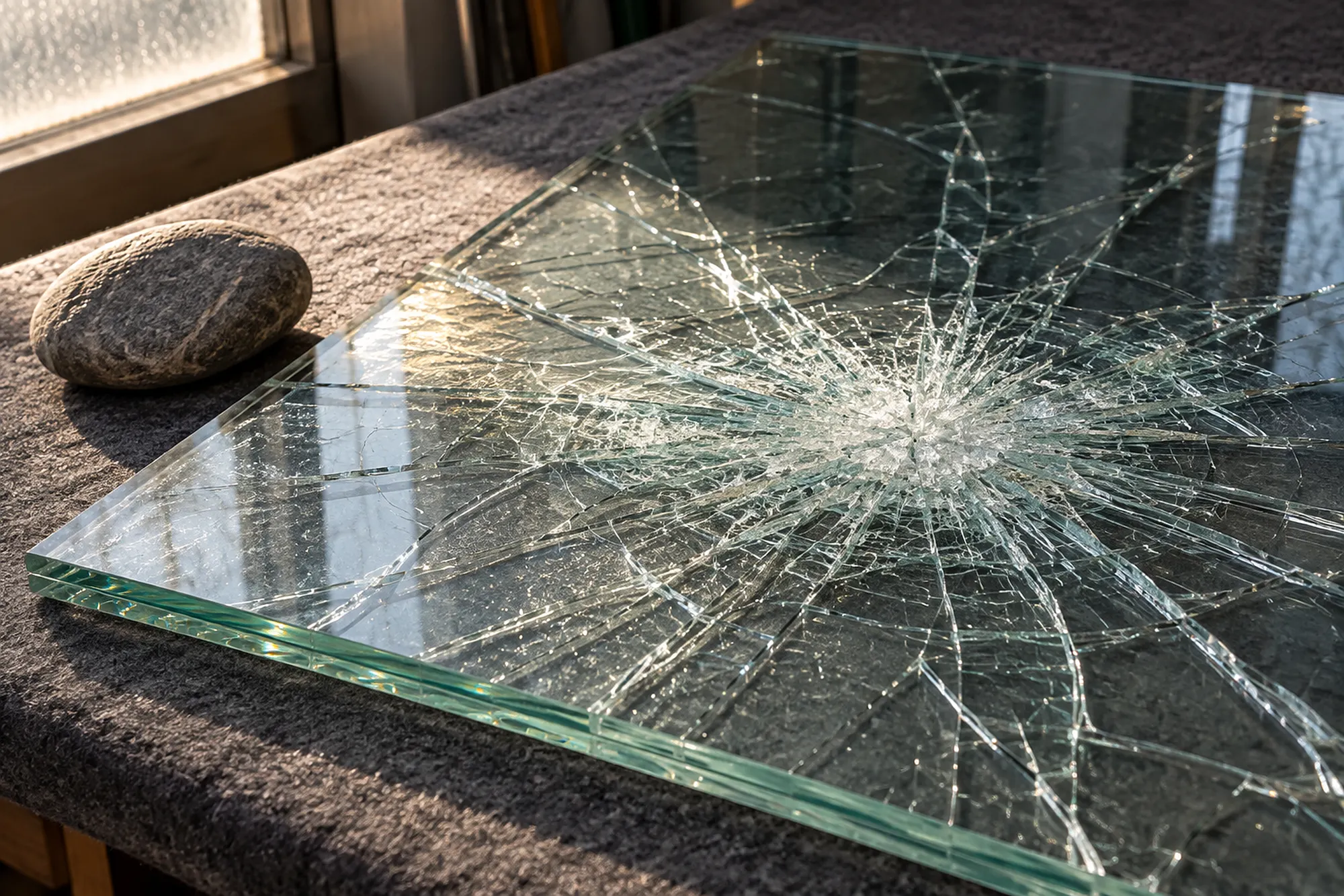 Eine Verbundglasscheibe mit sternförmigem Sprung liegt auf Filz und hält trotzdem zusammen, daneben ein Feldstein (KI-Illustration)